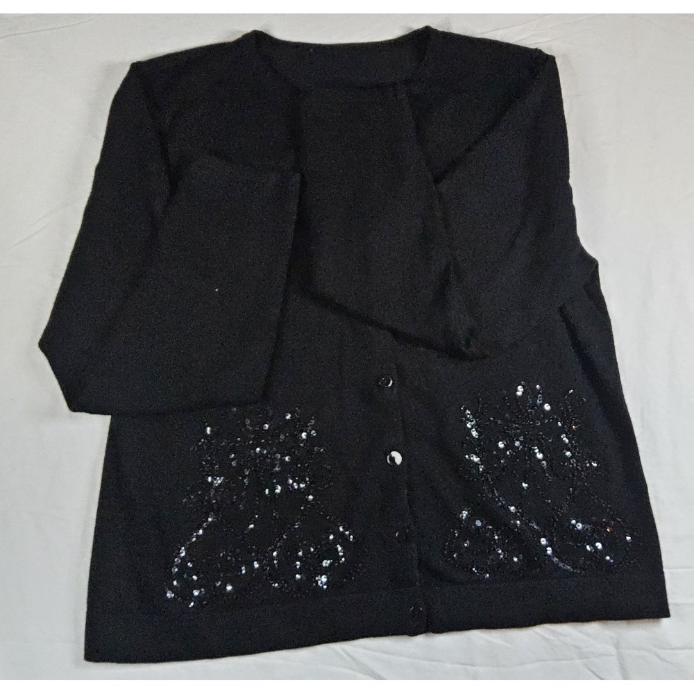 Vintage GYM-MARK Black Beaded Sequin Cardigan Sweater Rayon Blend Elegant Large